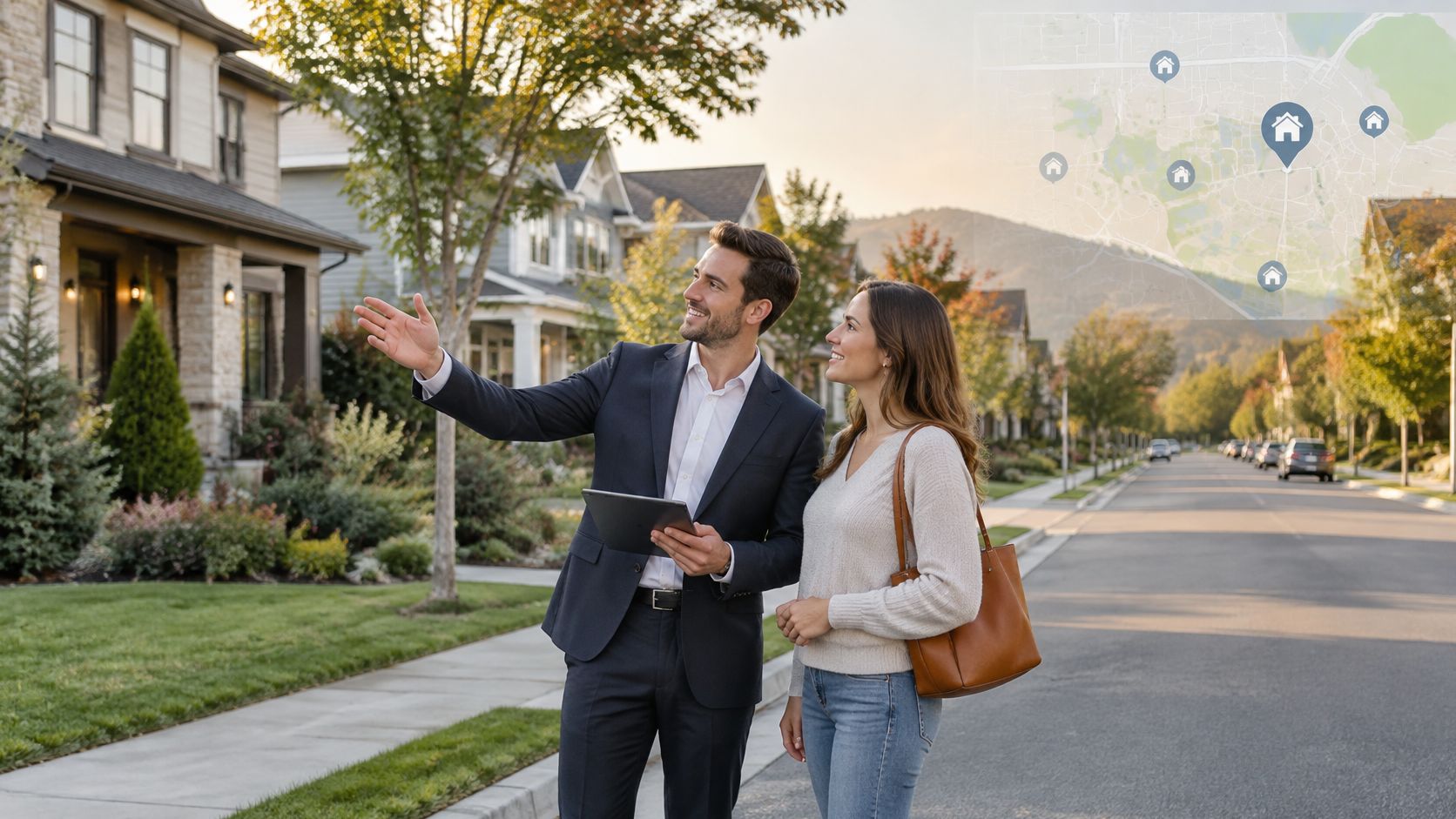 A professional real estate agent pointing out a house to a potential home buyer on a street.