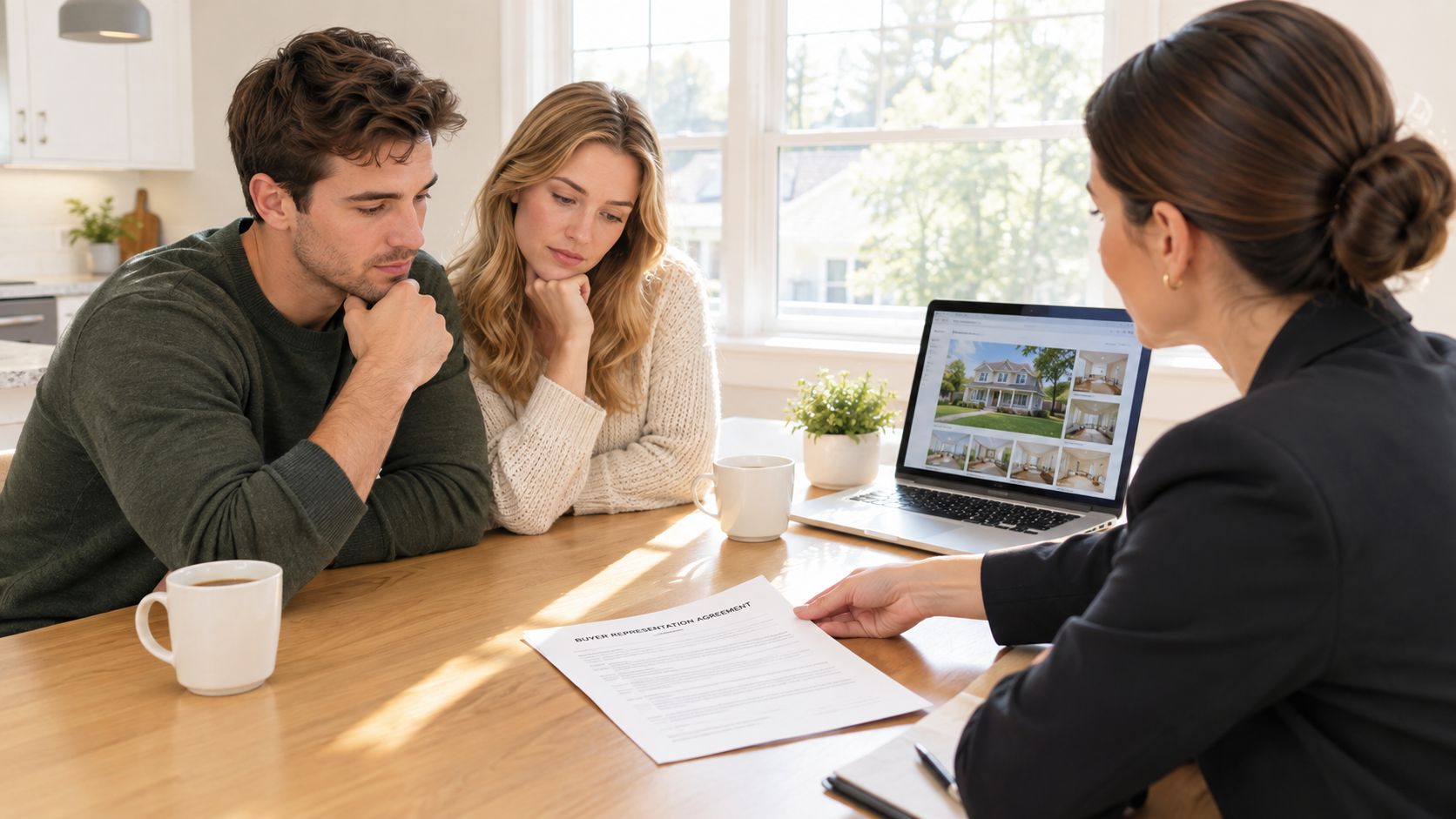 A real estate agent presenting a buyer representation agreement to a young couple in a kitchen.