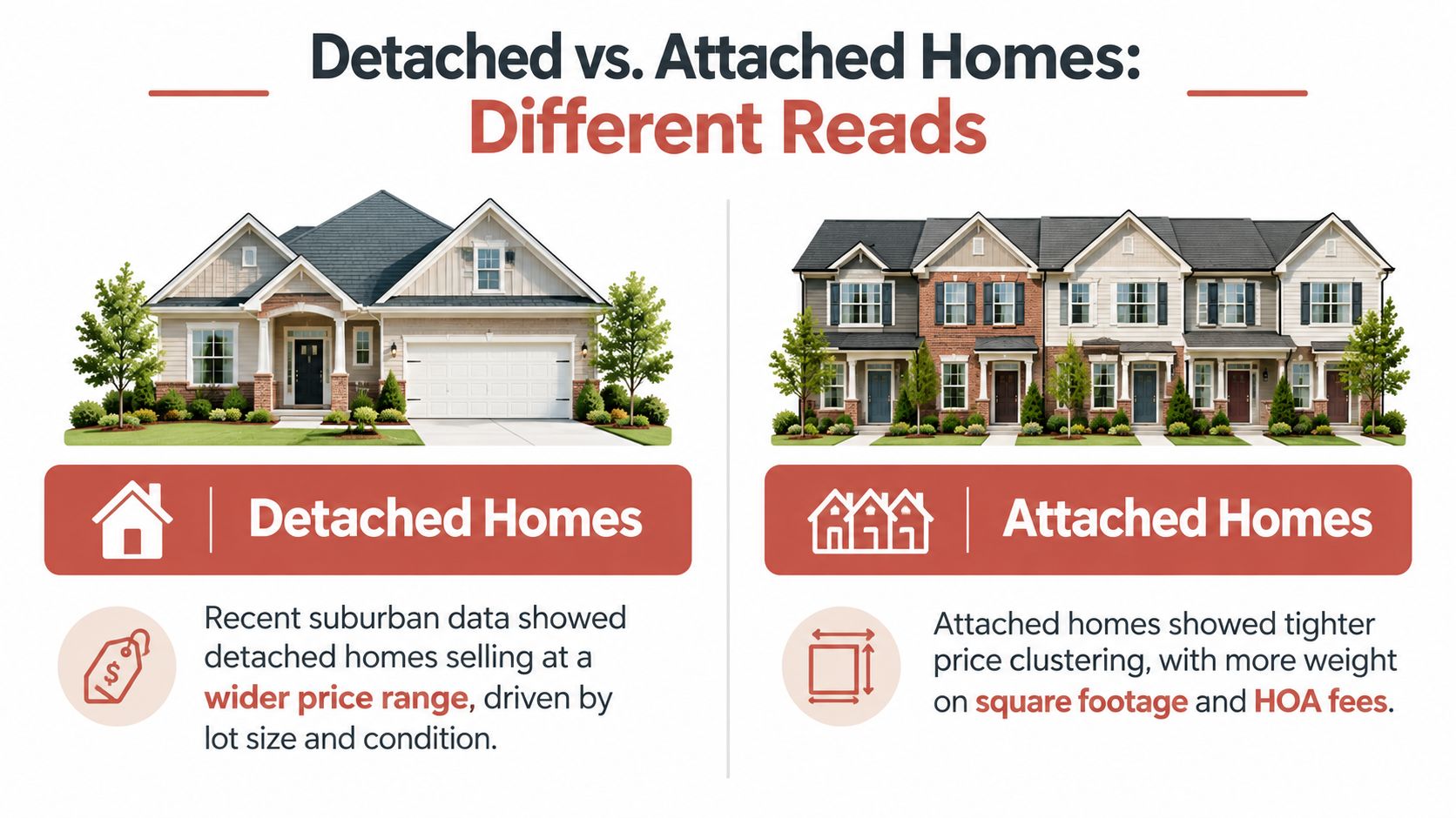 A comparative infographic illustrating the market price factors for detached versus attached residential home properties.