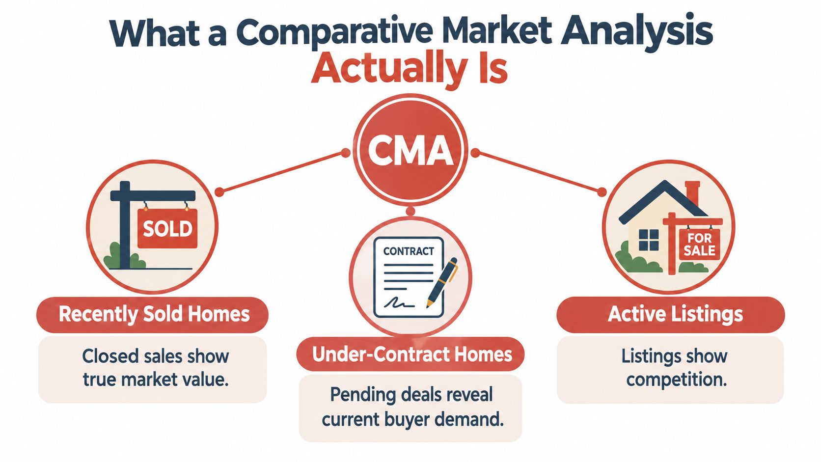 A diagram illustrating that a Comparative Market Analysis includes recently sold homes, under-contract homes, and active real estate listings.
