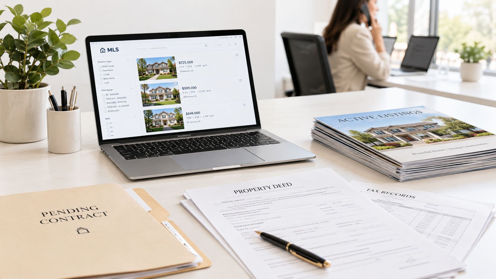 Real estate workspace featuring a laptop with property listings, property deeds, and a stack of active listing brochures.