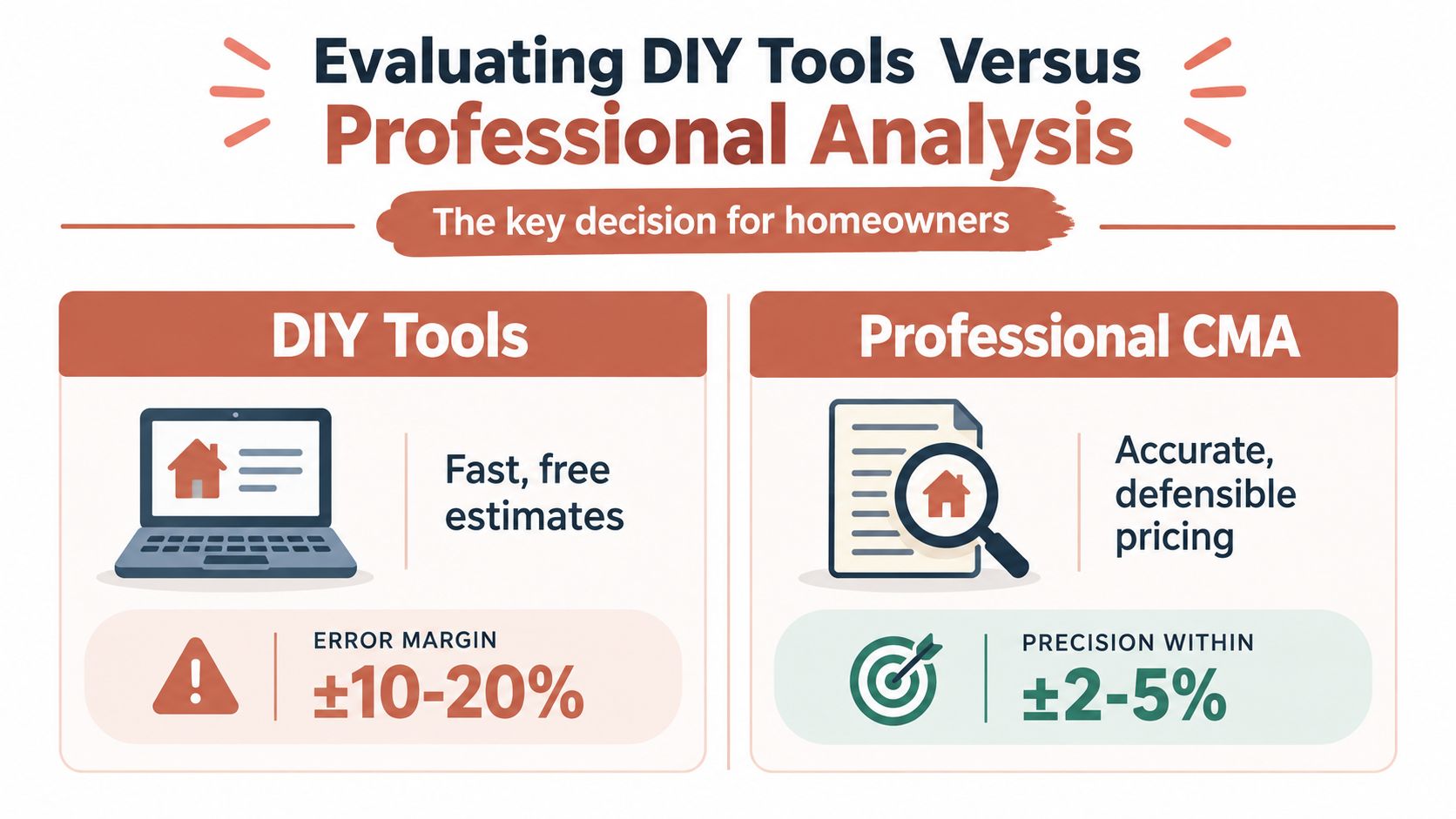 A comparison infographic showing the difference between DIY online home value tools and professional comparative market analysis.