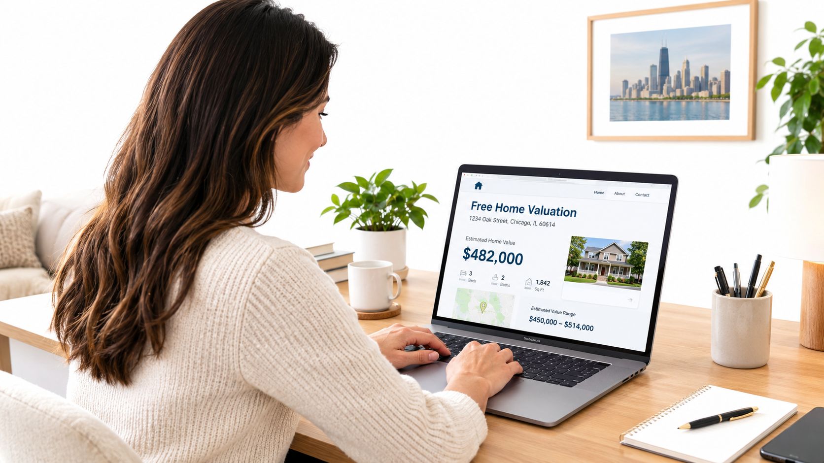 A woman using a laptop to view a free home valuation report for a house in Chicago.