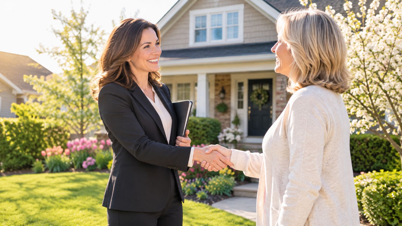 A professional real estate agent shakes hands with a female client in front of a suburban home.