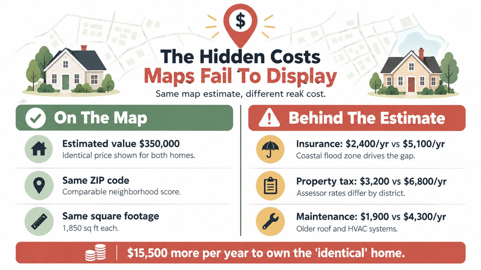 An infographic illustrating hidden costs of home ownership that maps fail to show, such as taxes and insurance.