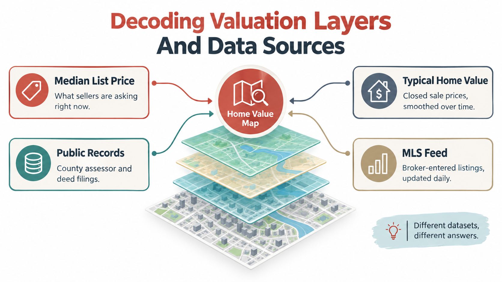 An infographic illustrating how various data sources contribute to creating a comprehensive home value map.