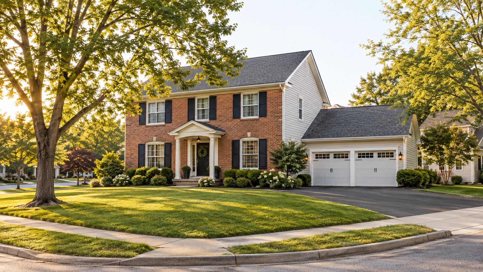 A charming two-story brick suburban house with a green lawn and attached garage during golden hour.