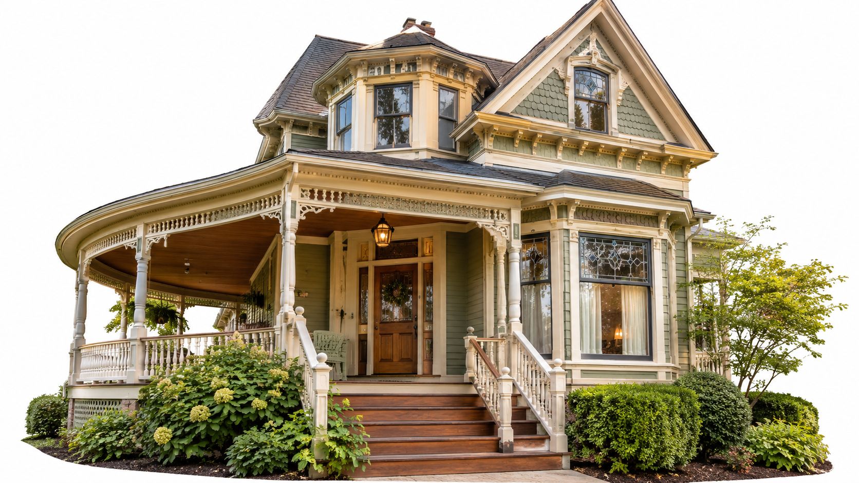 A beautiful Victorian style green home with a large wrap-around porch and manicured front garden landscaping.