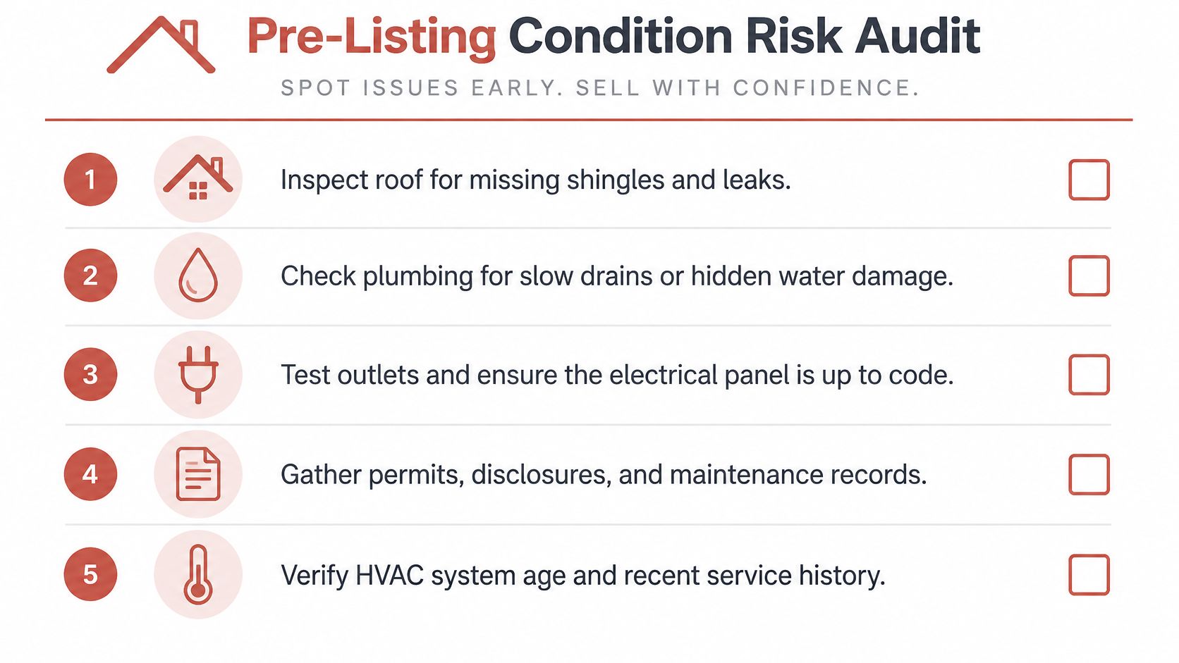 A checklist titled Pre-Listing Condition Risk Audit detailing five essential steps to prepare a home for sale.