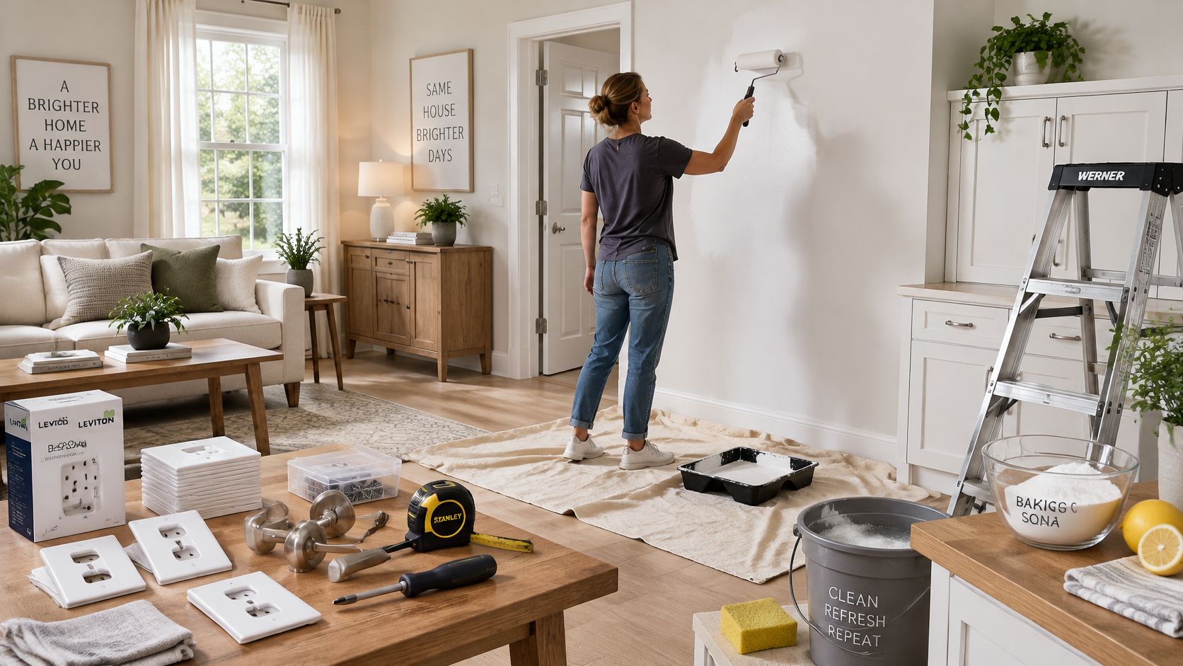 A woman painting a wall in a living room while home improvement supplies sit on a table.
