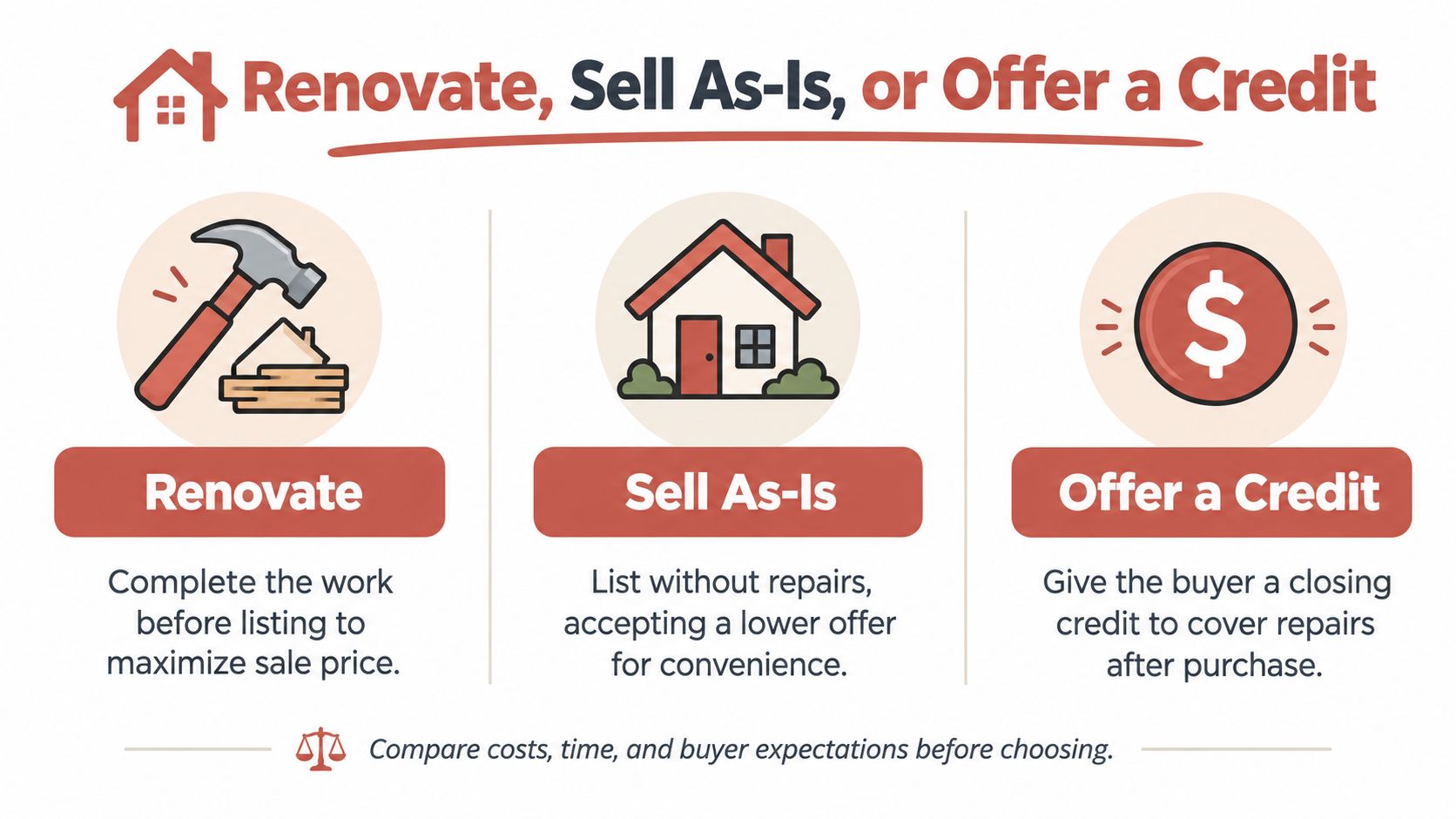 A visual guide illustrating three home selling options: renovate, sell as-is, or offer a repair credit.