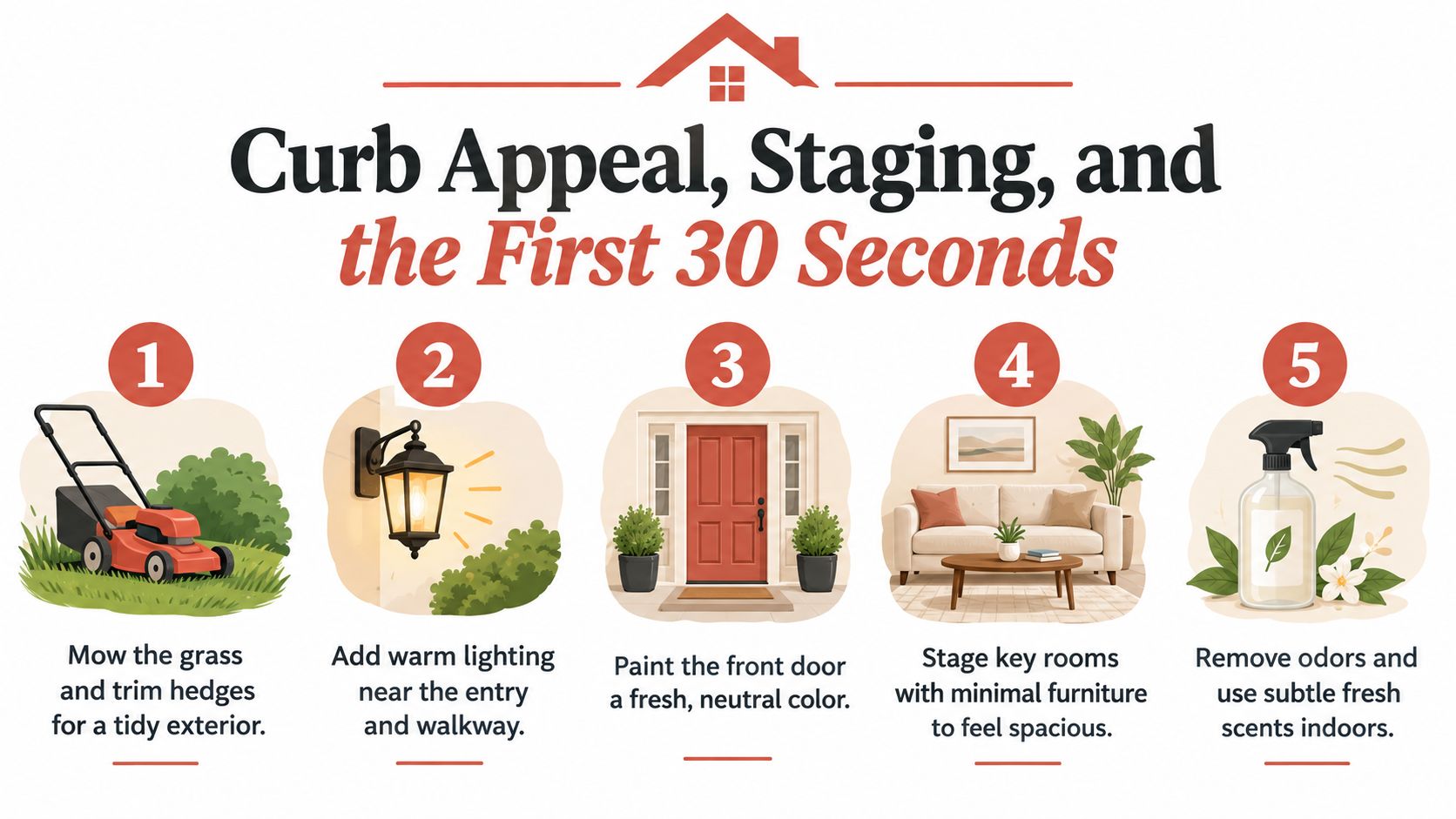 An infographic detailing five tips for improving home curb appeal and staging to attract potential buyers.
