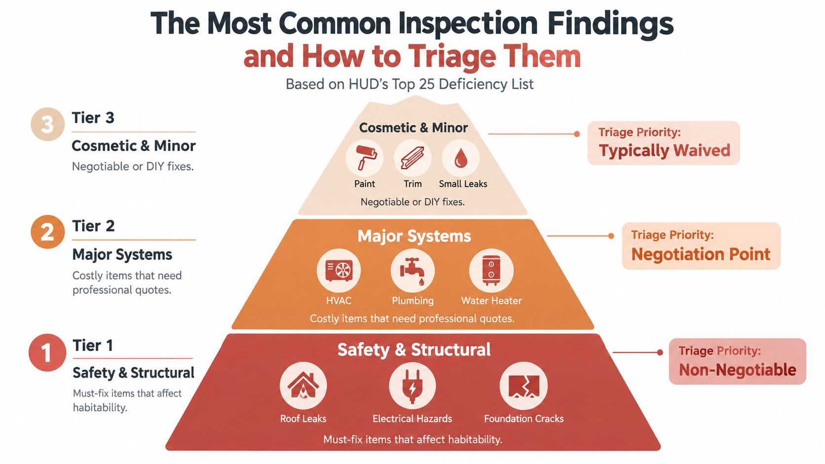 A tiered pyramid diagram illustrating how to prioritize property inspection findings based on HUD standards.