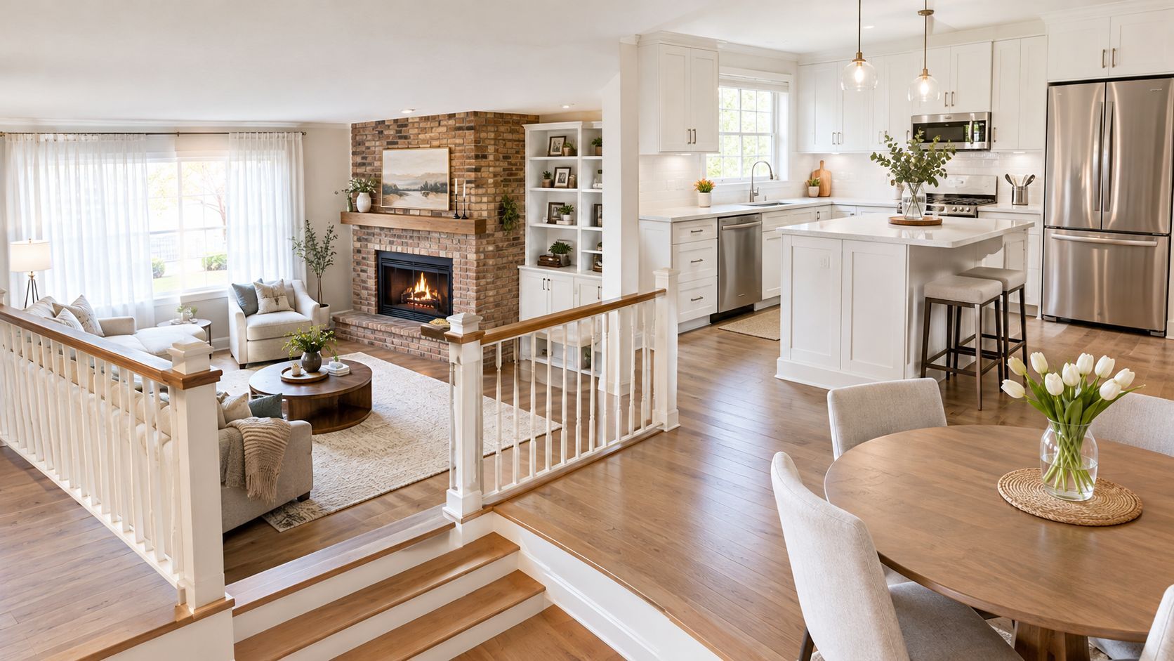 A bright, open-concept home interior featuring a cozy sunken living room and a modern white kitchen.