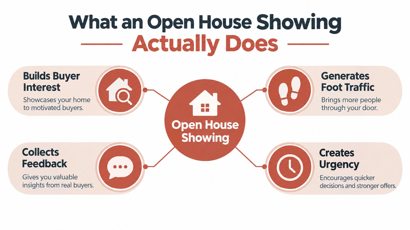 An infographic titled What an Open House Showing Actually Does explaining its benefits for home sellers.