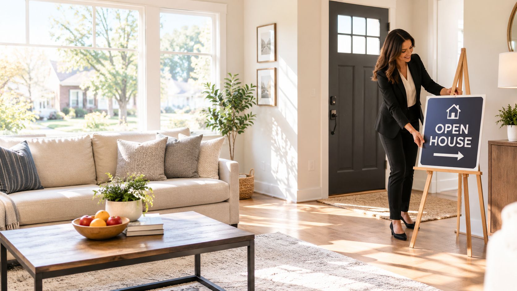 A professional real estate agent setting up an Open House sign in a modern, bright living room.