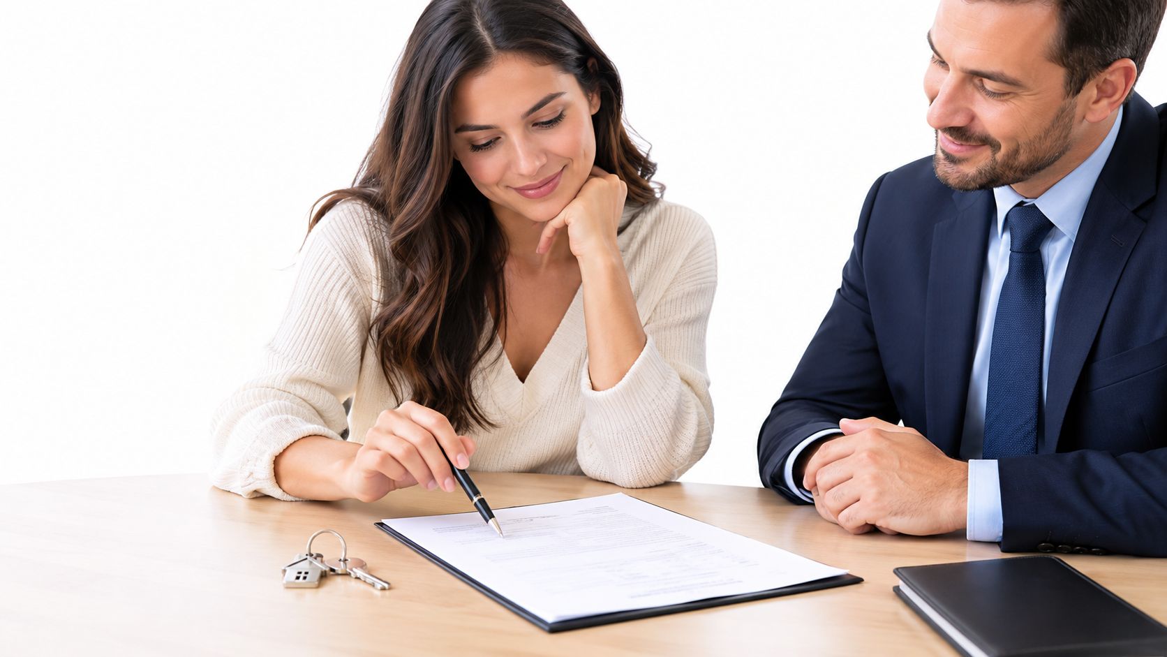 A smiling woman signing real estate paperwork with a professional consultant sitting across the desk.