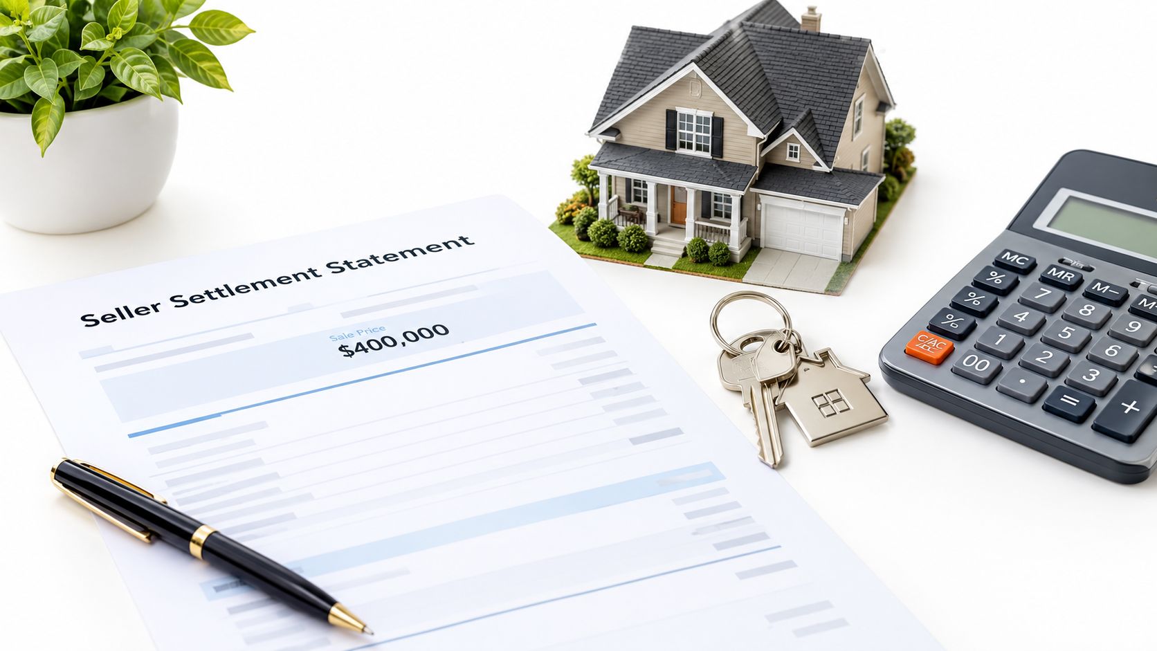 A document titled Seller Settlement Statement resting on a desk with a model house, keys, and calculator.