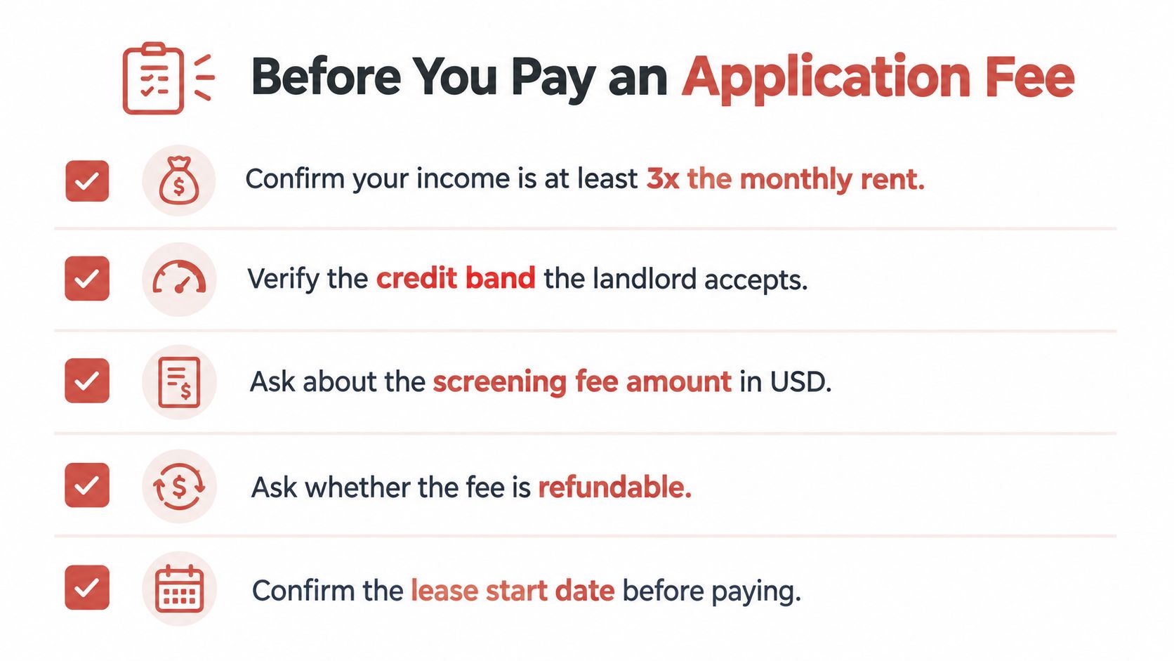 A checklist infographic titled Before You Pay an Application Fee outlining five steps for rental applicants.