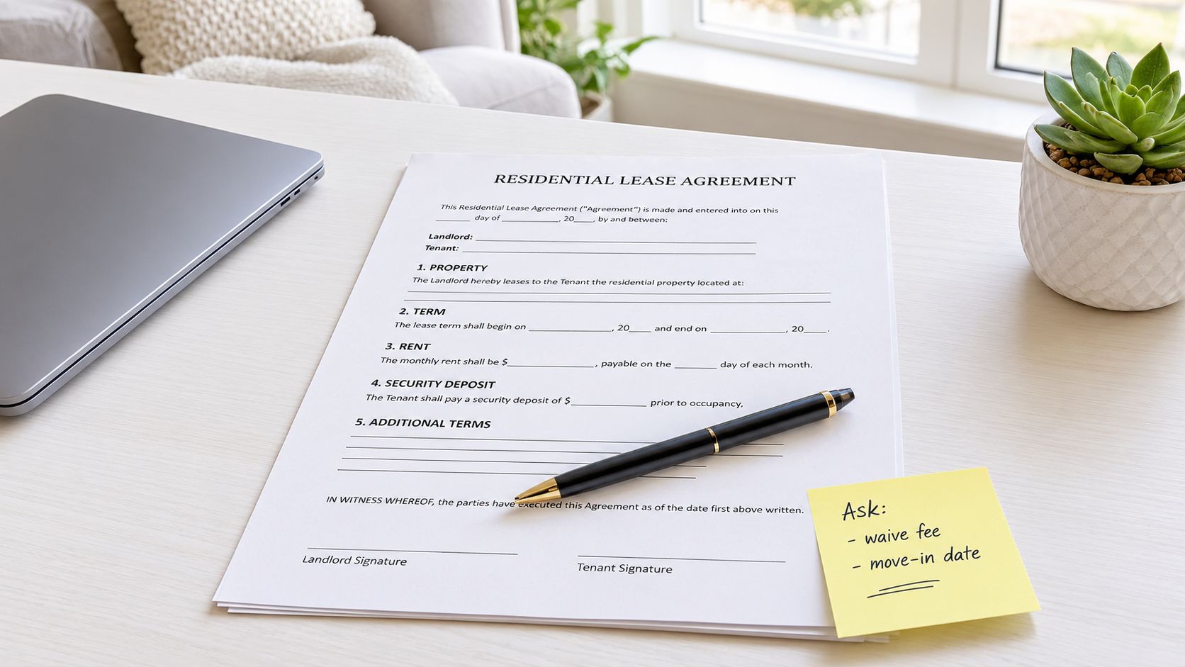 A blank residential lease agreement on a desk with a pen and a sticky note to ask questions.