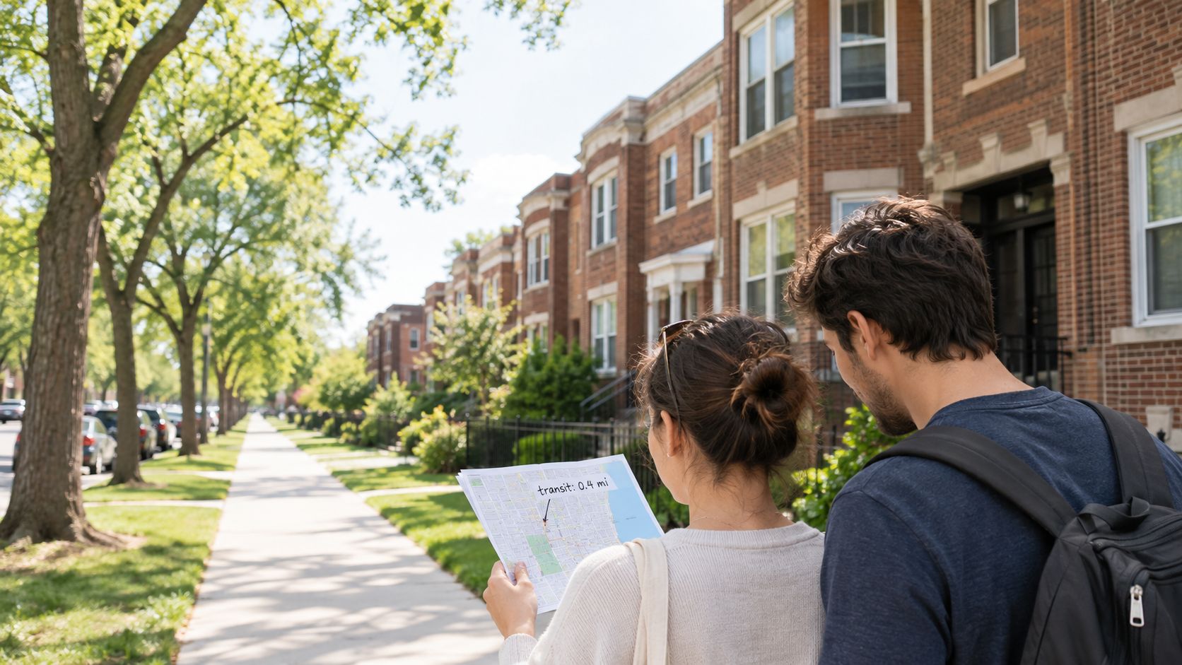 A couple looking at a map on a city sidewalk while searching for a new rental property.
