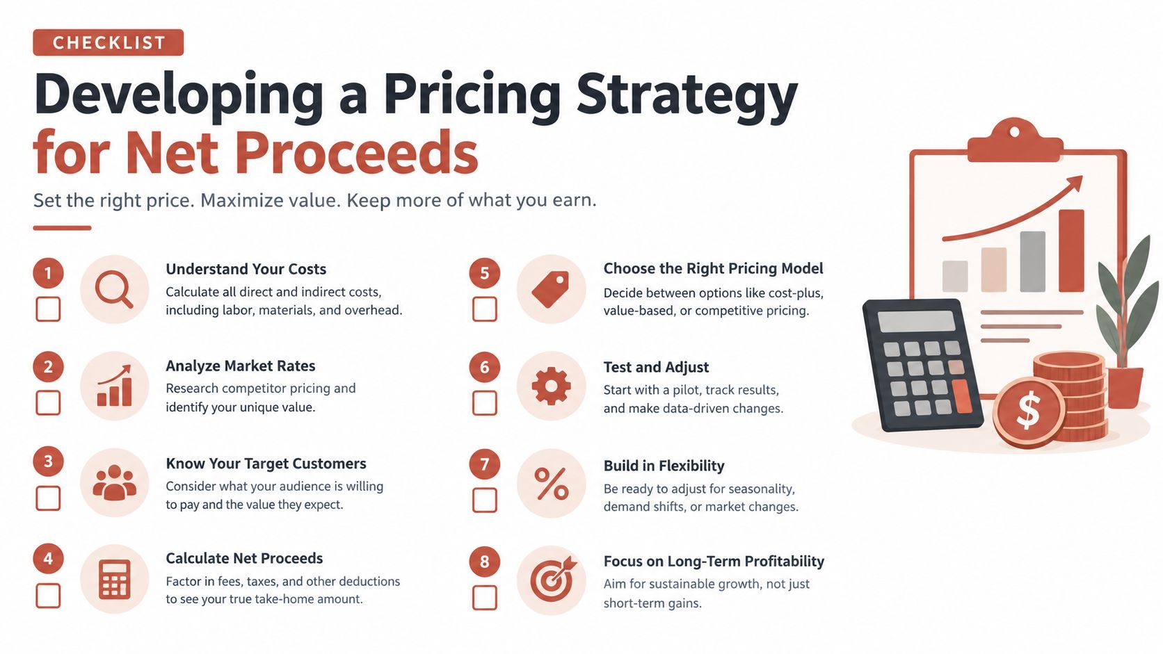 A checklist graphic titled Developing a Pricing Strategy for Net Proceeds, outlining eight steps for business profitability.