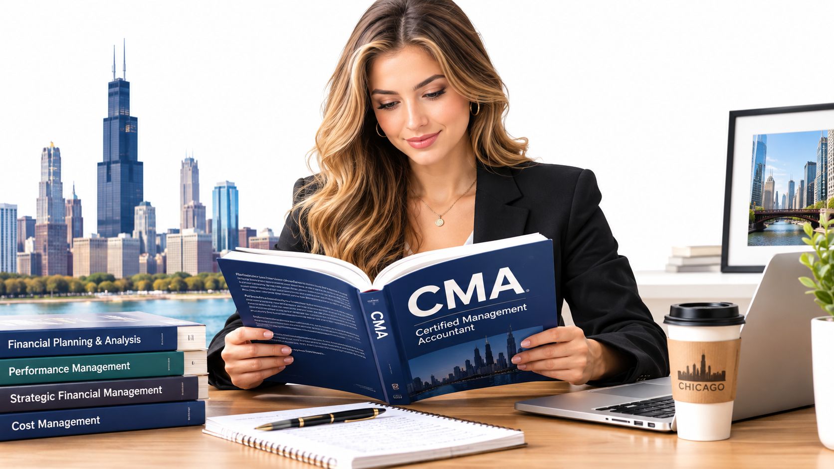 A professional woman studying a Certified Management Accountant textbook at her desk with a Chicago skyline background.
