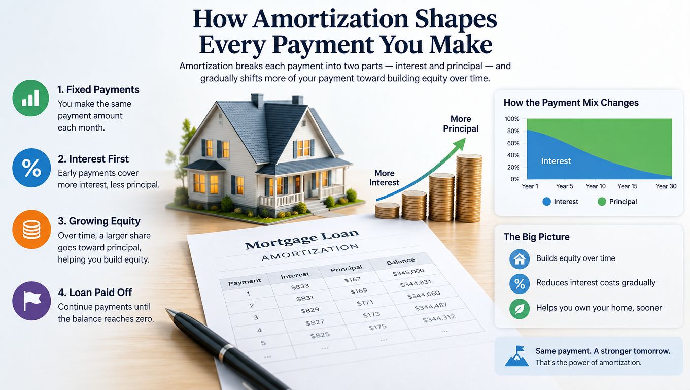 An infographic explaining how mortgage amortization works by showing how monthly payments split between interest and principal.