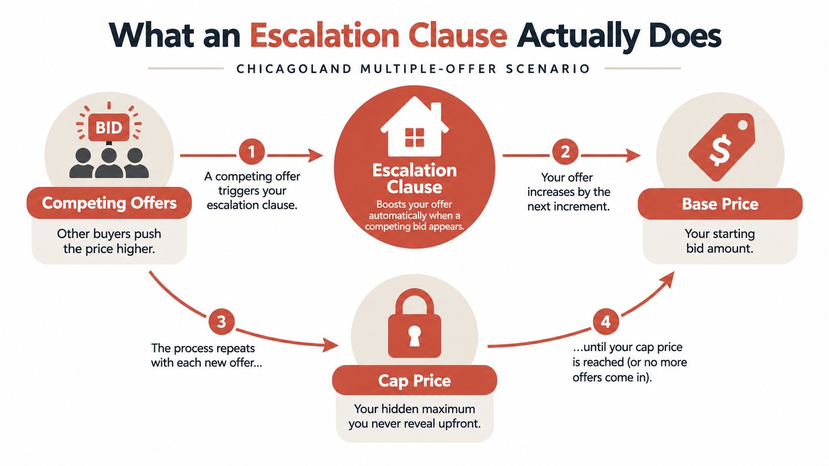 An infographic diagram explaining how an escalation clause works in a real estate multiple-offer scenario.