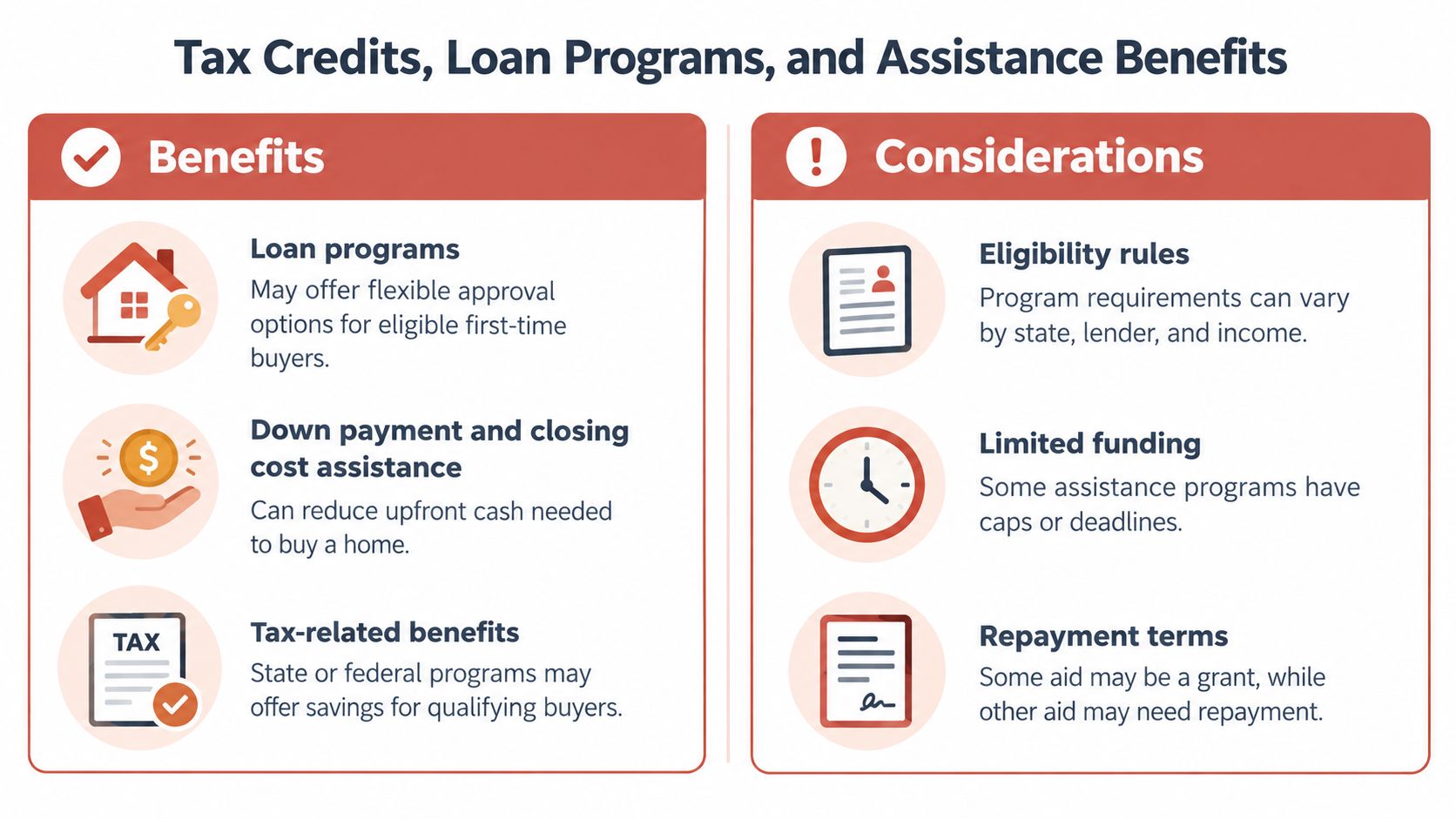 An infographic outlining benefits and considerations for first-time home buyer tax credits, loan programs, and assistance.