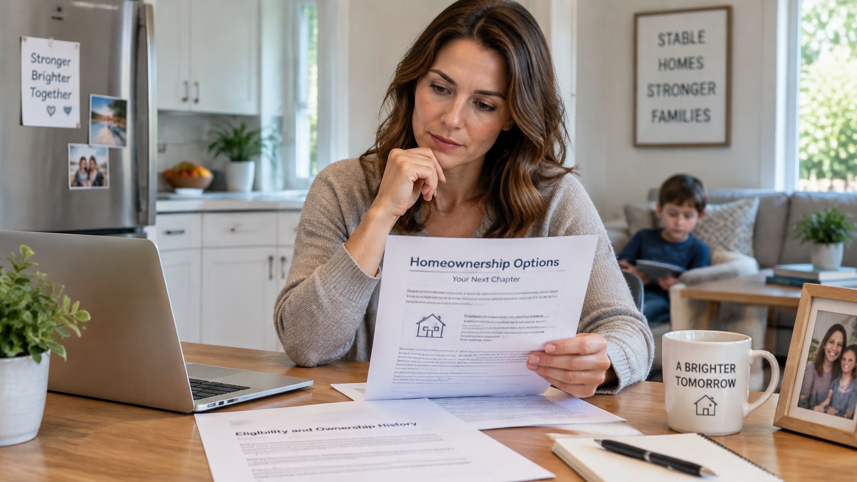 A focused woman reviews mortgage documents while sitting at a kitchen table with a laptop and coffee.